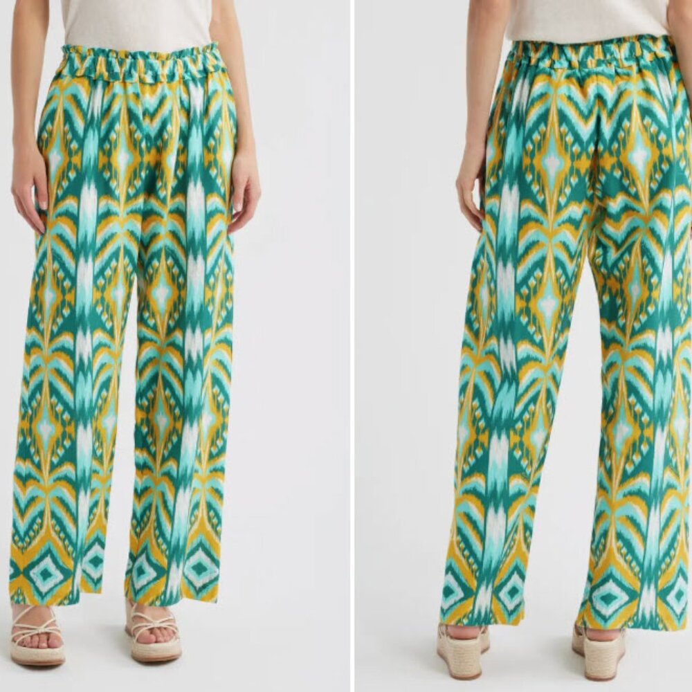 Farm Rio Tropical Tapestry Wide Leg Linen Blend Pants Boho Resort Size Medium